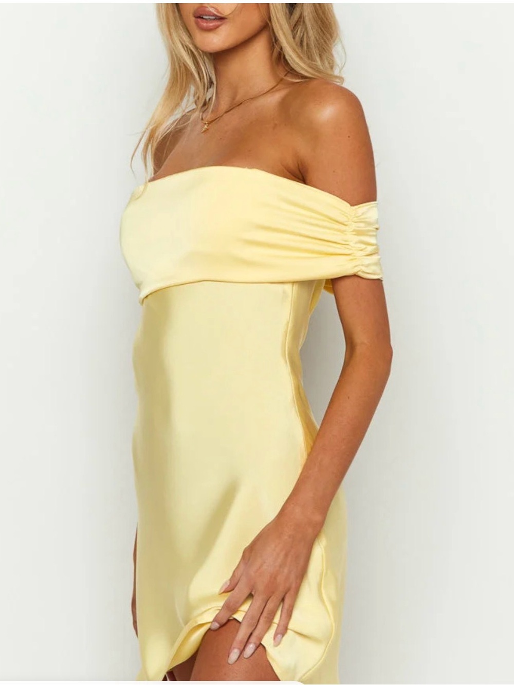 Primrose Yellow Satin Off the Shoulder Mini Dress